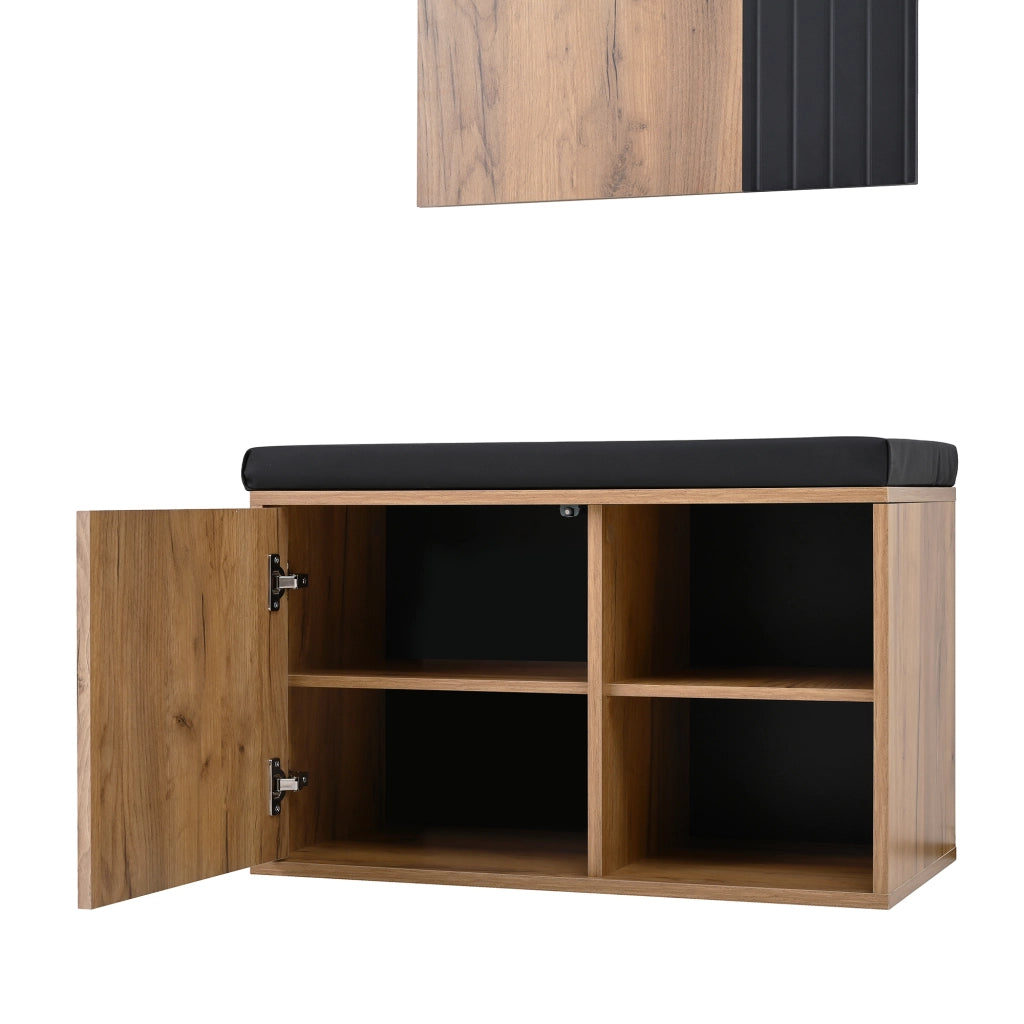 Mobile da Ingresso con 2 Ante; 3 Ganci e Panca Portascarpe Imbottita per Corridoio in Pannello di Particelle 70 × 36 × 146 cm Nero e Naturale