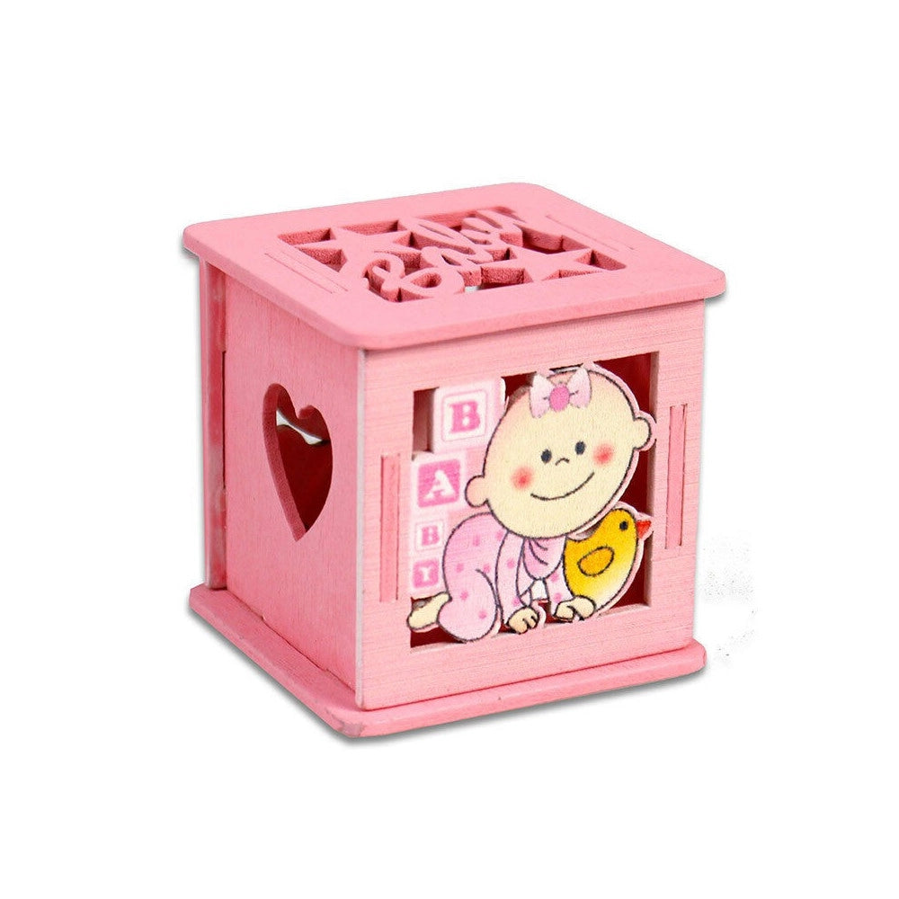 Trade Shop - 12 Scatolina Porta Confetti In Legno Bomboniera Nascita Battesimo Rosa Femmina -