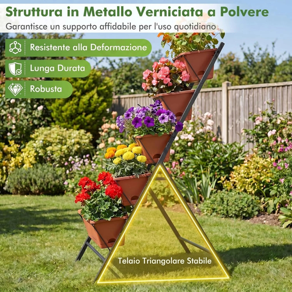 Fioriera Verticale a 5 Livelli, Orto Rialzato a Scaletta da Interno e Esterno, Scaffale Porta Piante Salvaspazio in Metallo con Fori di Drenaggio e 5 Sottovasi Rimovibili (Terracotta)