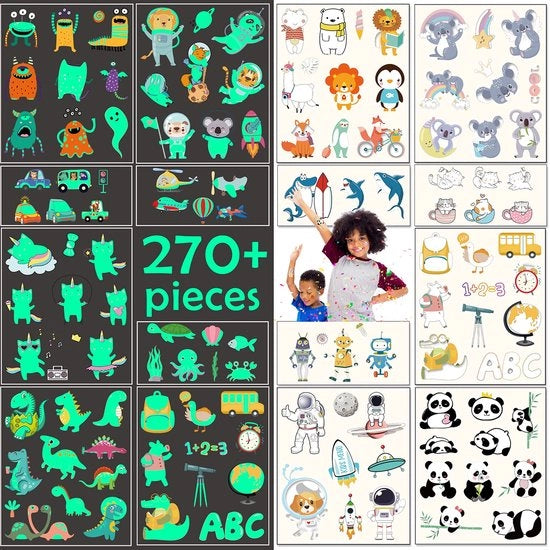 Tatuaggi per Bambini - 270+ Tatuaggi Illuminanti - Adesivi per Tatuaggio Temporanei Idonei per la Pelle - Set di 12 Fogli - Incluso Spugnetto per Pulizia - Regalo Ideale per Feste di Compleanno