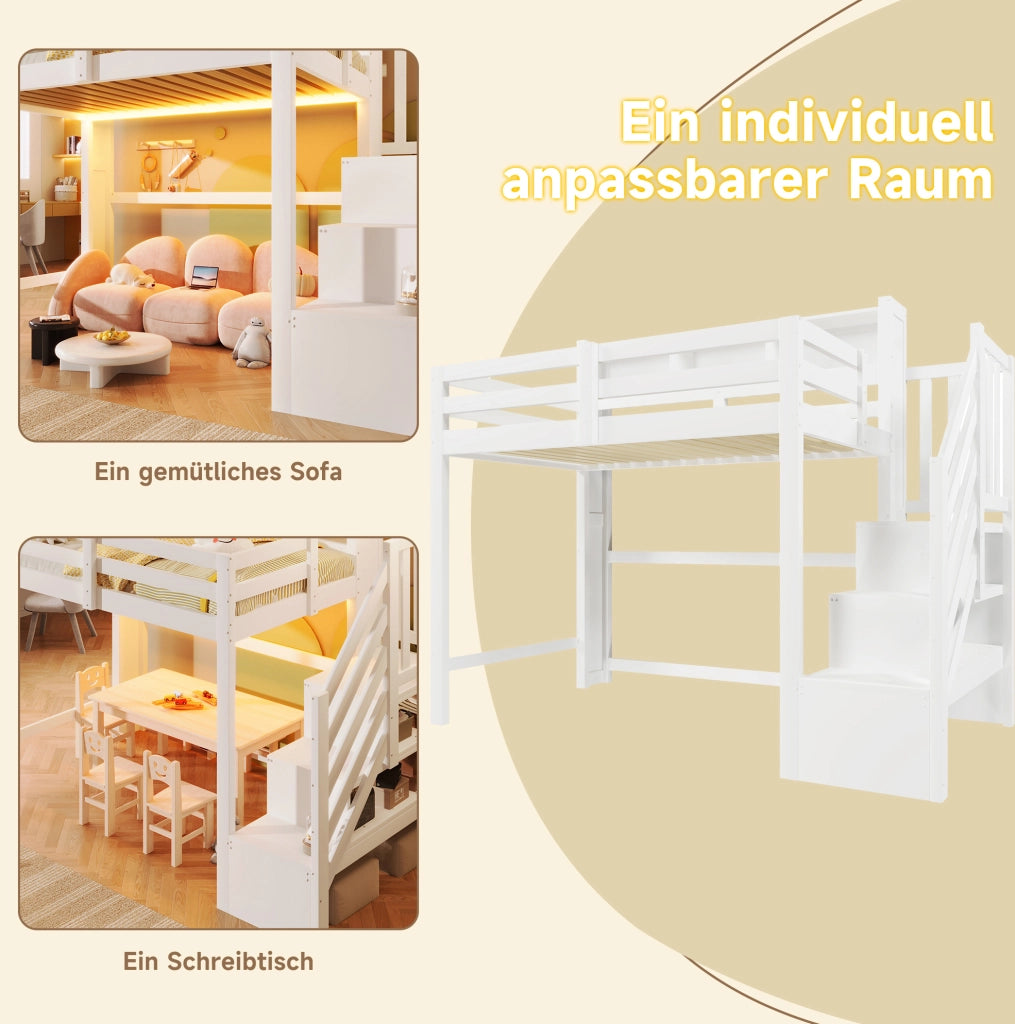 Letto a soppalco per bambini 90x200 cm con LED e scala contenitore