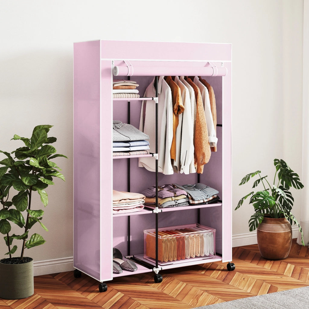 Armadio guardaroba portatile con ante in tessuto e ruote ¨C Xylo ¨C rosa 103x43x162cm