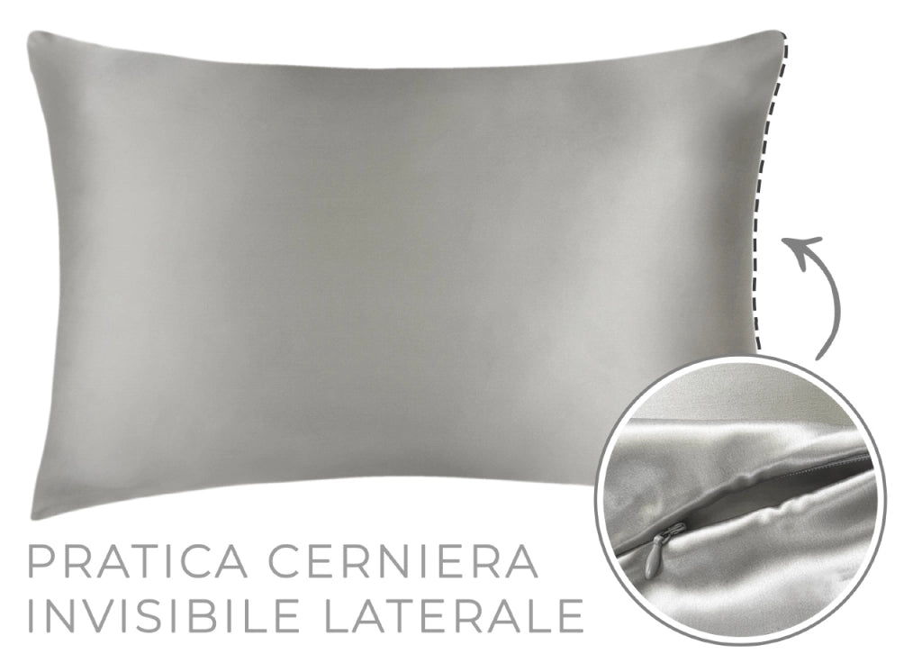 Federa Guanciale Cuscino Letto 100% Seta Chiusura Zip In Tinta Unita - Federa - Grigio Chiaro