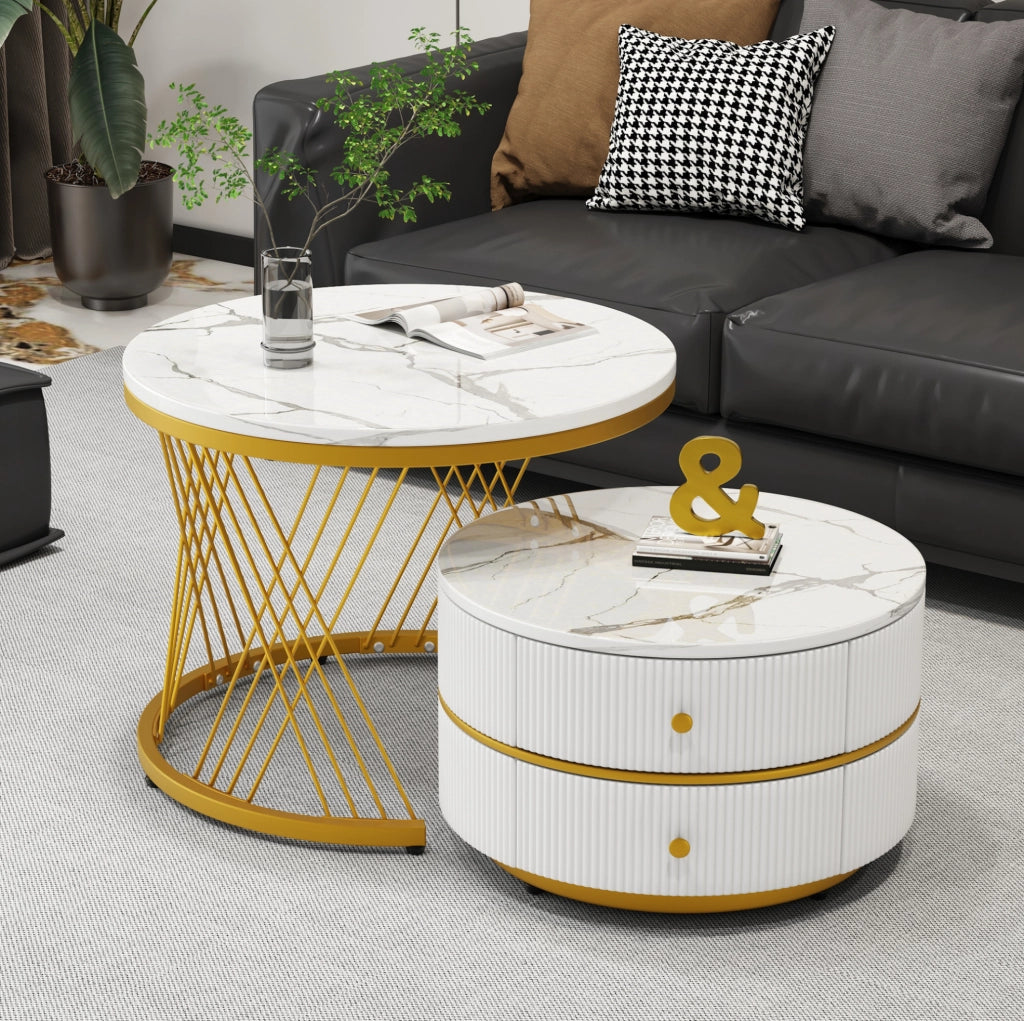 Set di due tavolini rotondi bianchi con finitura marmo lucida