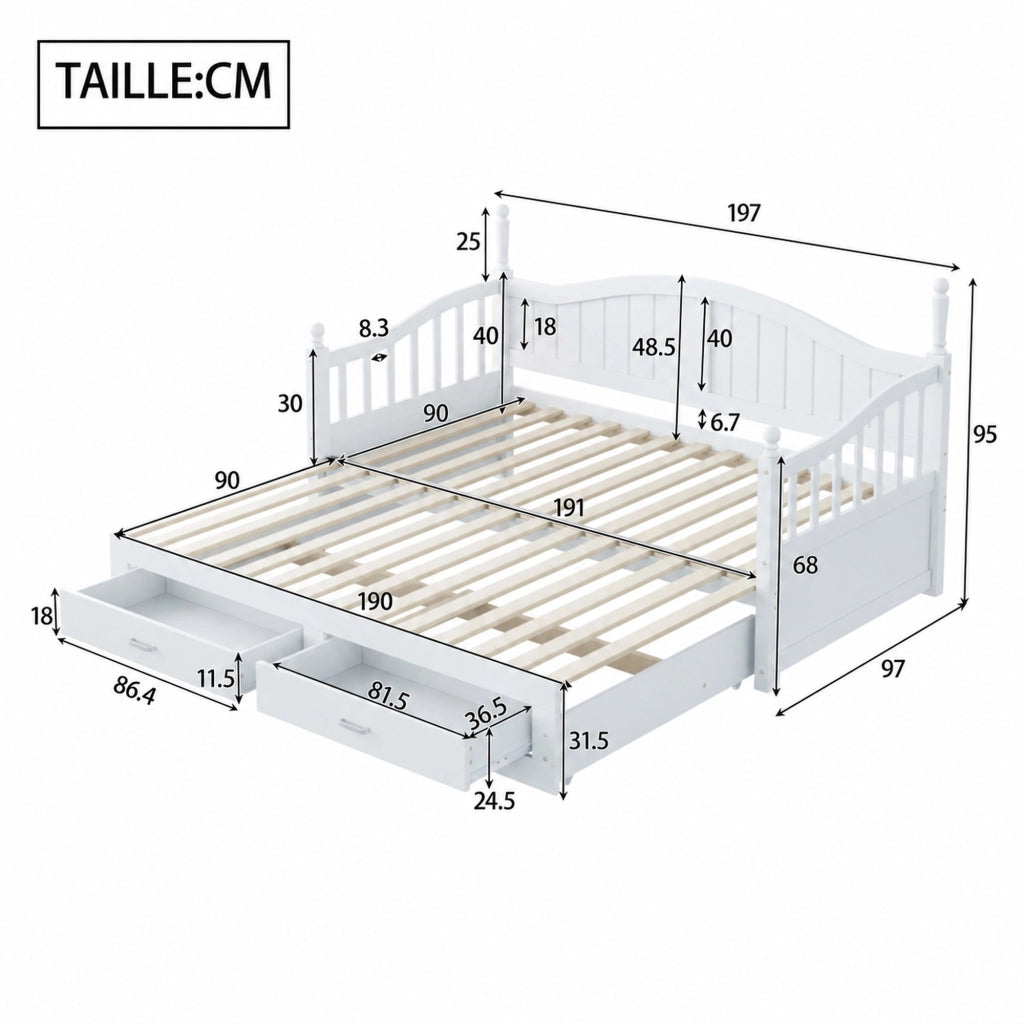 DESMIU Letto estraibile 90 × 190 cm 2 posti con 2 cassetti e schienale curvo, senza materasso, in legno, bianco