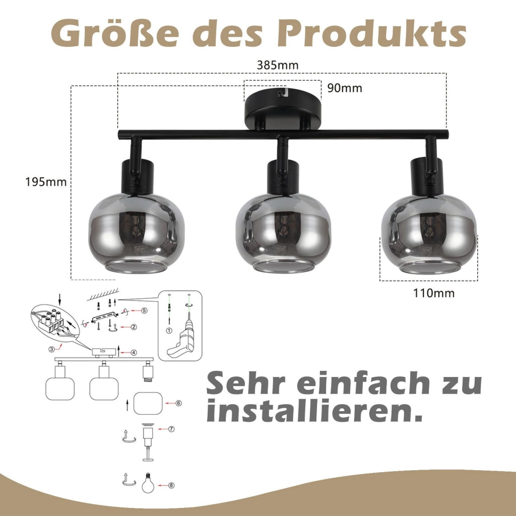 ZMH Faretto da soffitto vetro grigio fumé girevoli 350° retrò per soggiorno cucina corridoio