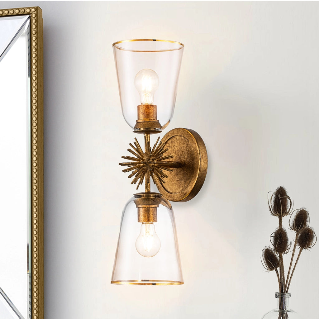 Applique Art Déco oro doppia vetro trasparente 2xE27