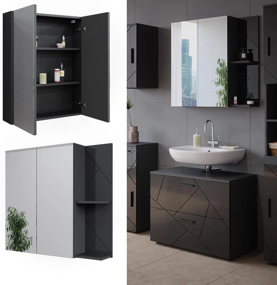Mobile a specchio per il bagno Irma, Antracite lucido, 80 x 75 cm