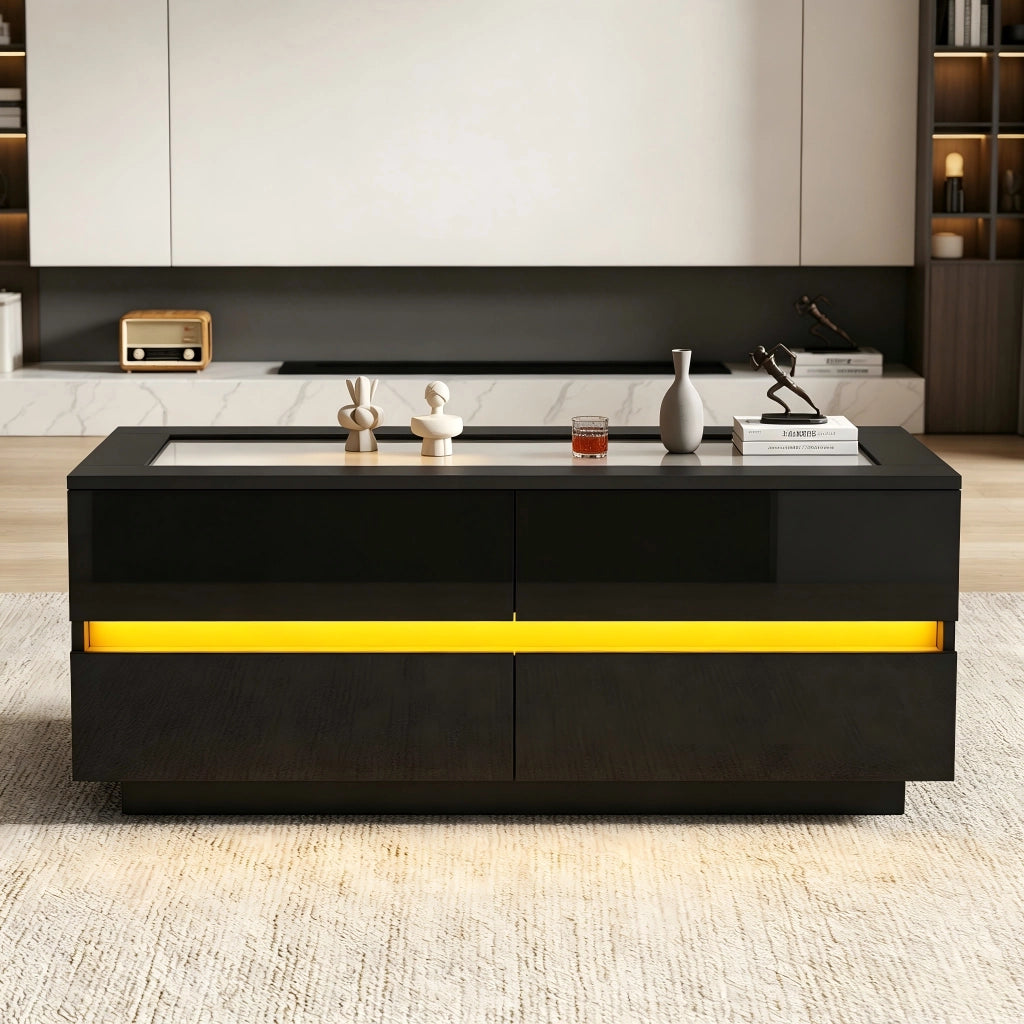 Tavolino da salotto nero 100¡Á50¡Á40 cm con 4 cassetti, piano in vetro temperato, LED e frontali lucidi