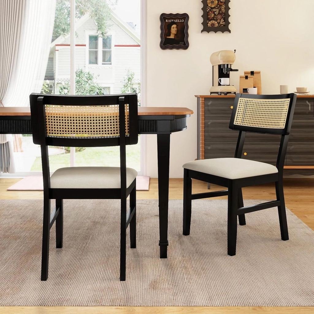 Set di 2 Sedie da Pranzo in Rattan, Sedie da Cucina Imbottite con Rivestimento in Tessuto, Gambe in Legno e Schienale Curvo per Soggiorno, Sala da Pranzo e Ristorante, Portata 180 kg