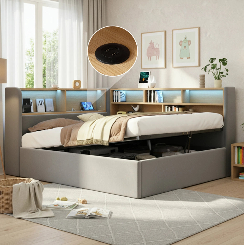 Letto imbottito 140x200 cm con contenitore idraulico, LED e porte USB