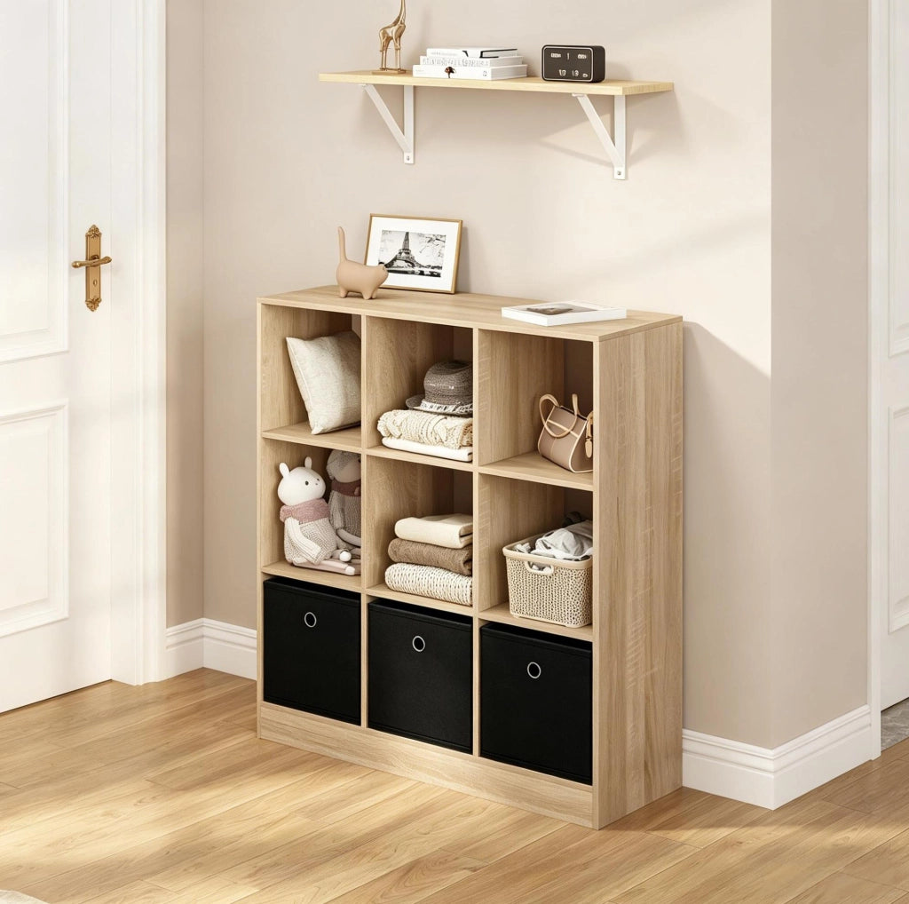 Libreria a cubi con 3 cassetti in tessuto rovere chiaro e nero