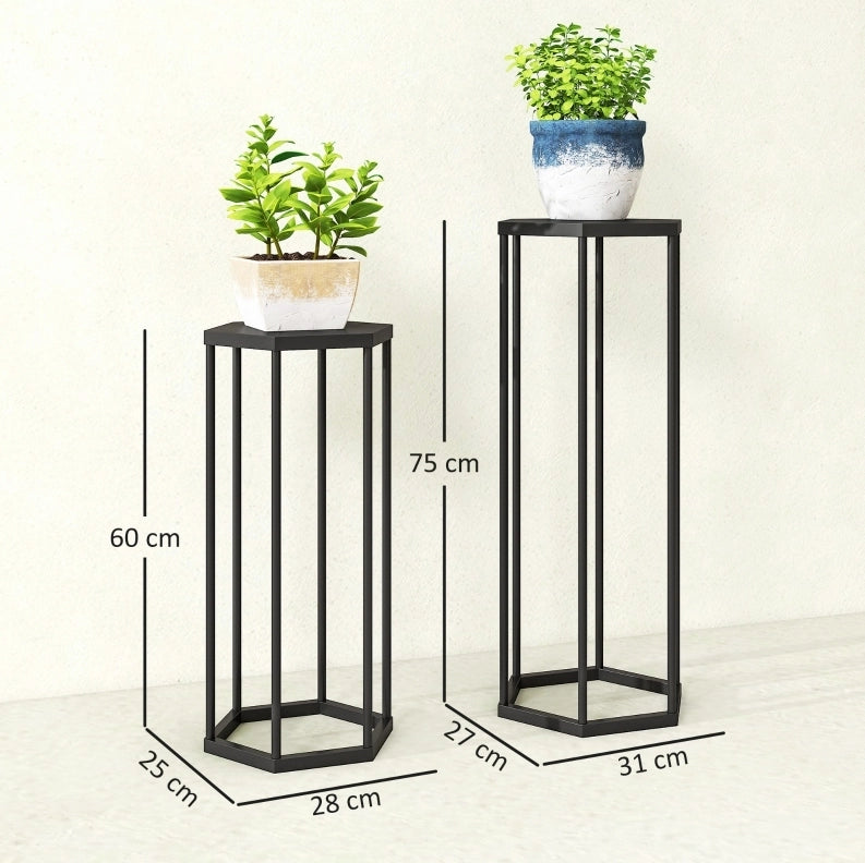 Set di 2 supporti per piante in metallo nero， 75 e 60 cm， interno ed esterno