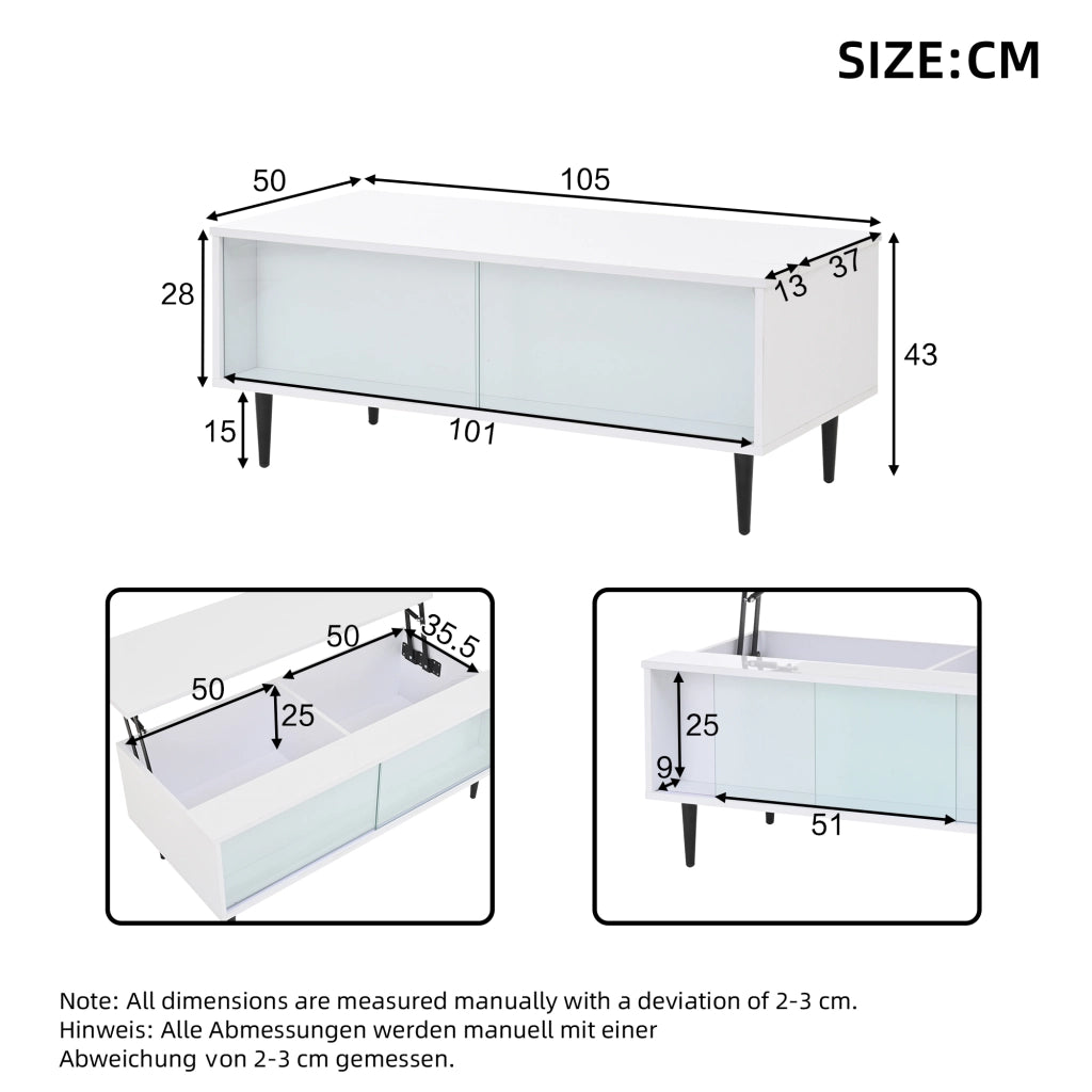 TAVOLO Caffè regolabile 105 x 50 x 43 cm bianco in truciolare e vetro temperato con LED