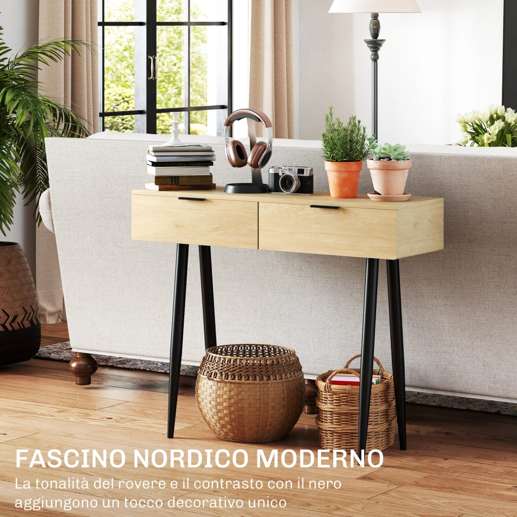 EasyComfort Consolle da Ingresso in Stile Nordico con 2 Cassetti in Legno e Acciaio, 100x30x80.5 cm, Rovere