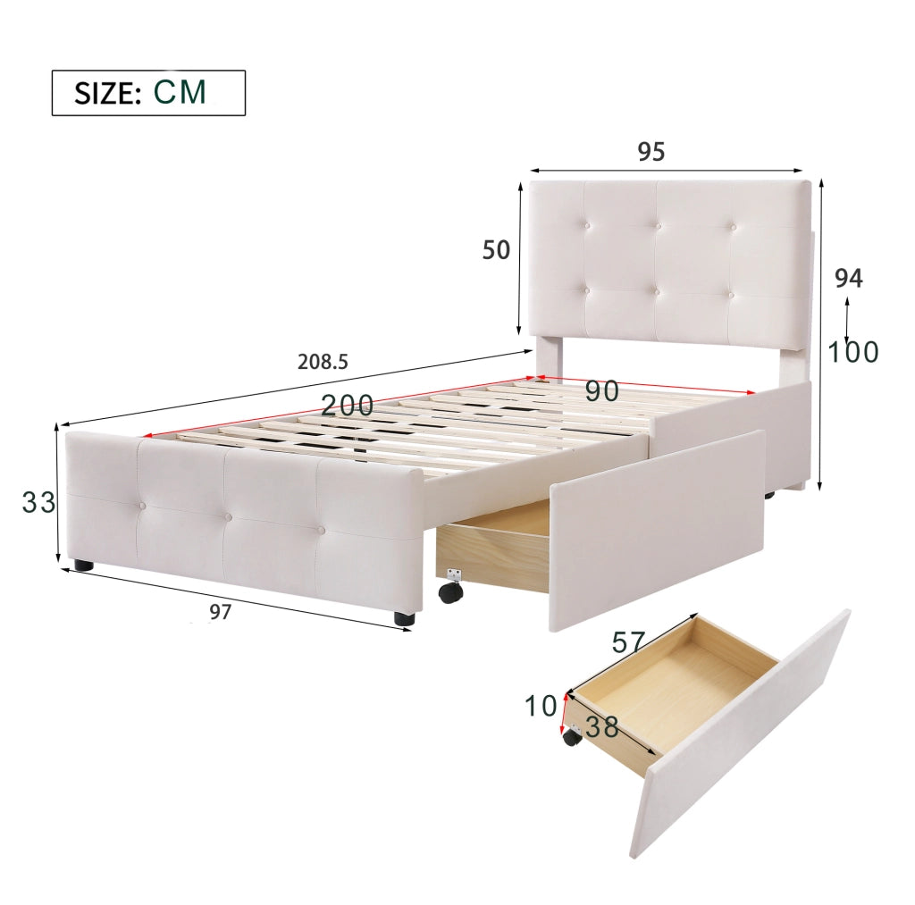 Letto imbottito 90x200 cm con cassetto; velluto beige (Senza materasso)