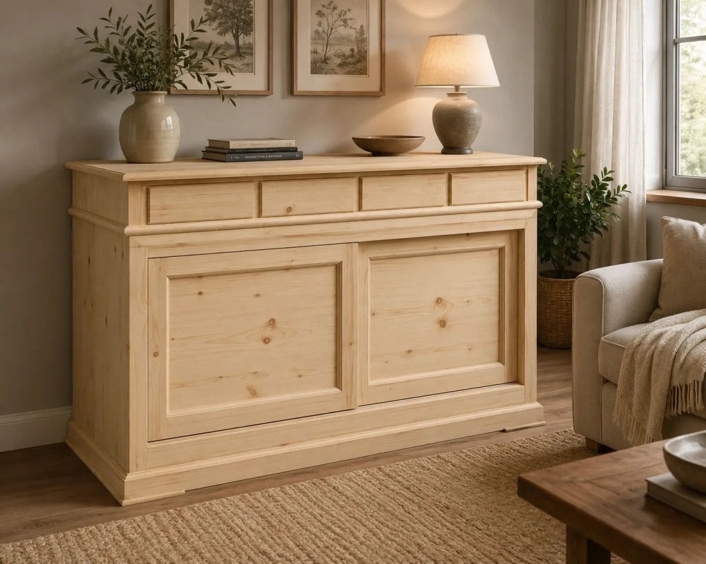 Credenza 2 porte scorrevoli 4 cassetti legno grezzo 180x48x100 (3071) - Mobili 2G