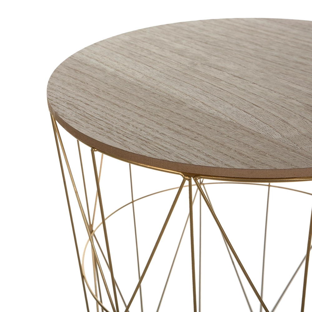 Tavolino Luce Legno Piano Rimovibile Metallo dorato Cestino Filo Geometrico Glam