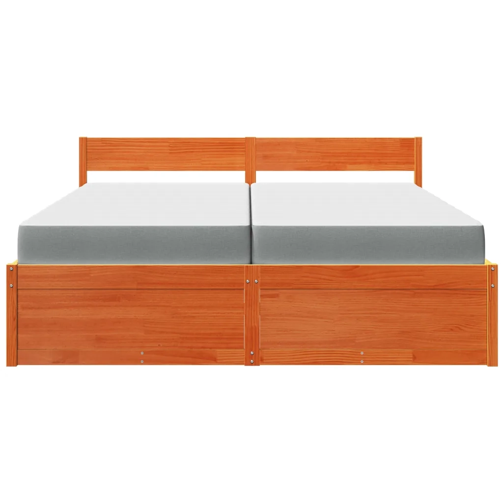 Letto Cassetti e Materasso Marrone Cera 200x200cm Massello Pino