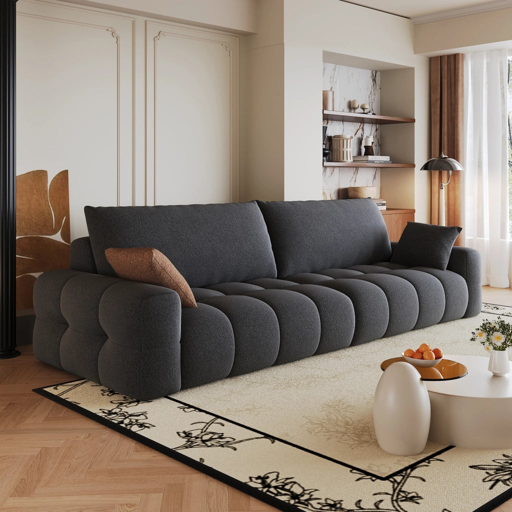 Divano modulare senza montaggio con chaise lounge e seduta profonda in tessuto grigio scuro per soggiorno