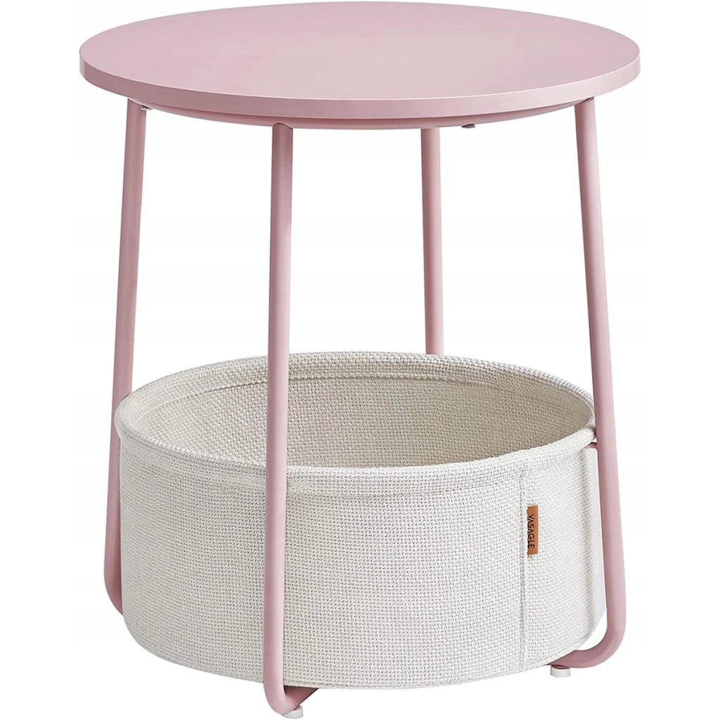 Tavolino rotondo moderno rosa pastello con cesto portaoggetti