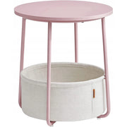 Tavolino rotondo moderno rosa pastello con cesto portaoggetti