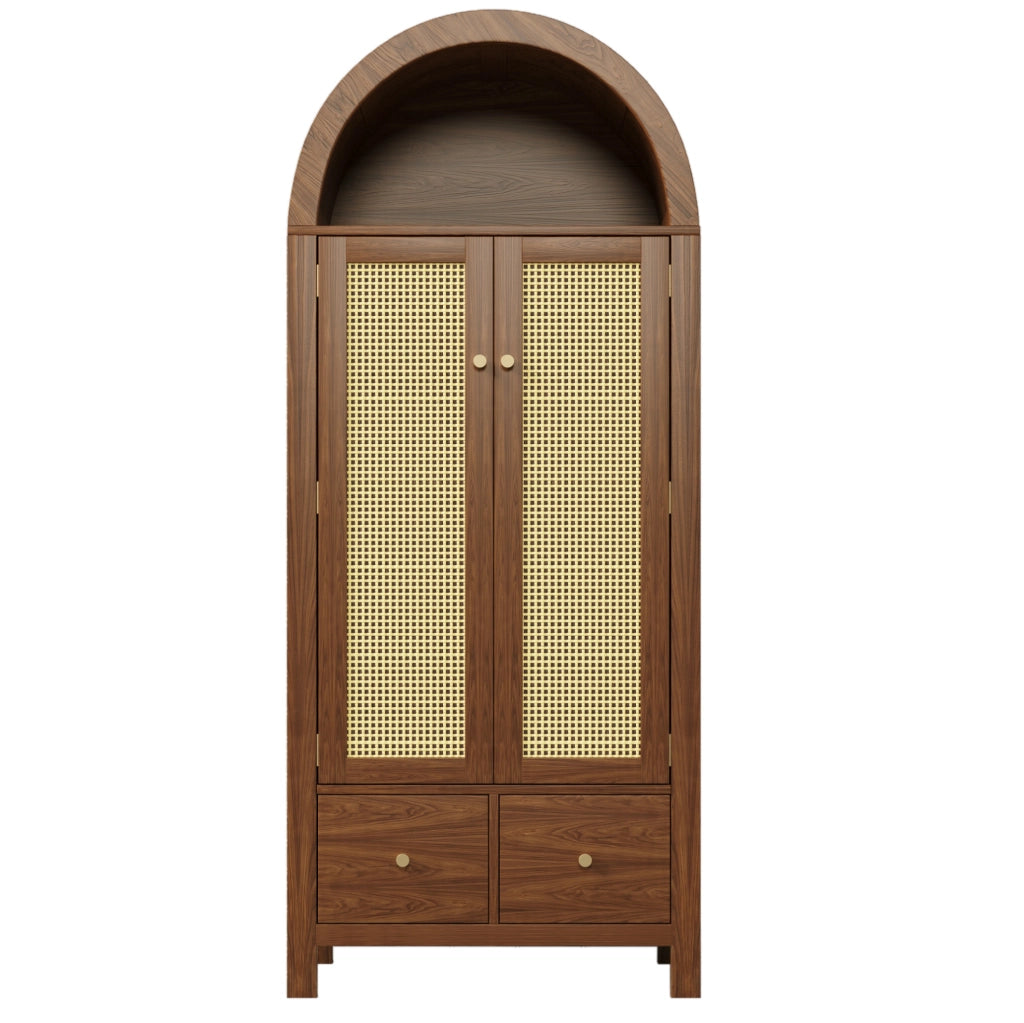 Armadio guardaroba 78x45x181 cm con ante ad arco e intreccio in rattan; MDF e metallo; noce