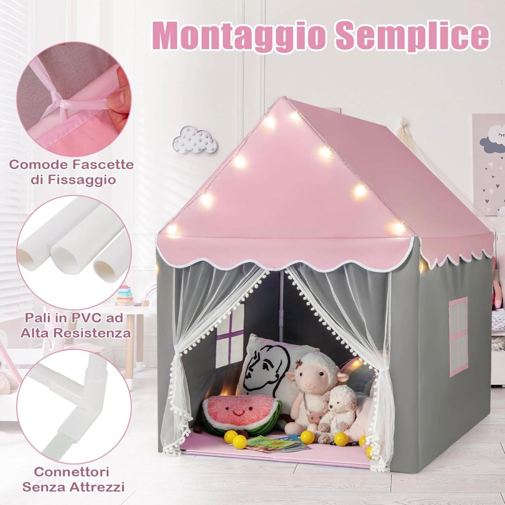 Tenda da Gioco per Bambini, Tenda Castello con Tappetino Lavabile, Luci a Forma di Stella, per Interno ed Esterno, 105 x 121 x 136 cm (Stile 2 Rosa)