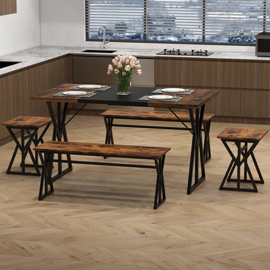 Tavolo e sedie-Set pranzo 5 pezzi 4-6 persone metallo industriale rettangolare cucina-Set tavolo 2 panchi 2 sgabelli