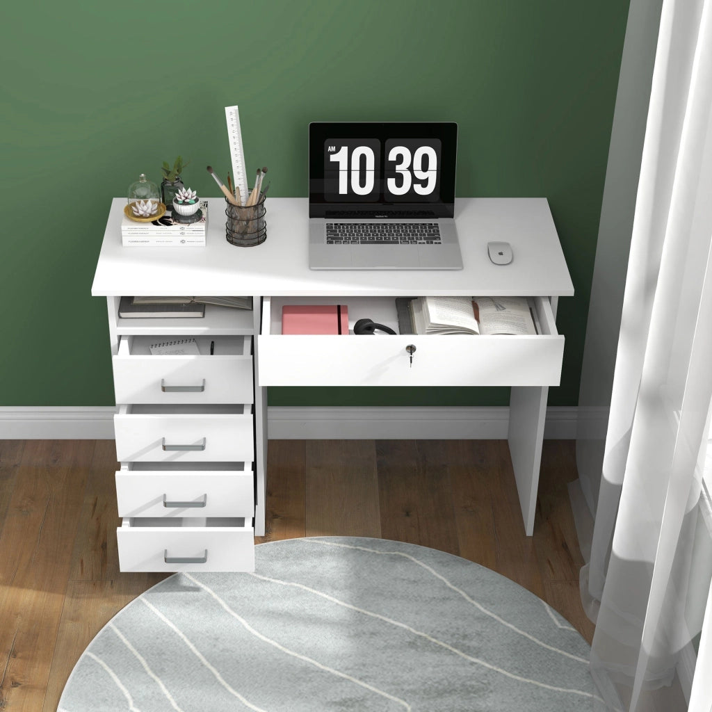 Scrivania Moderna 5 Cassetti con Serratura e 2 Chiavi 110x50x76 cm in Truciolato Bianco