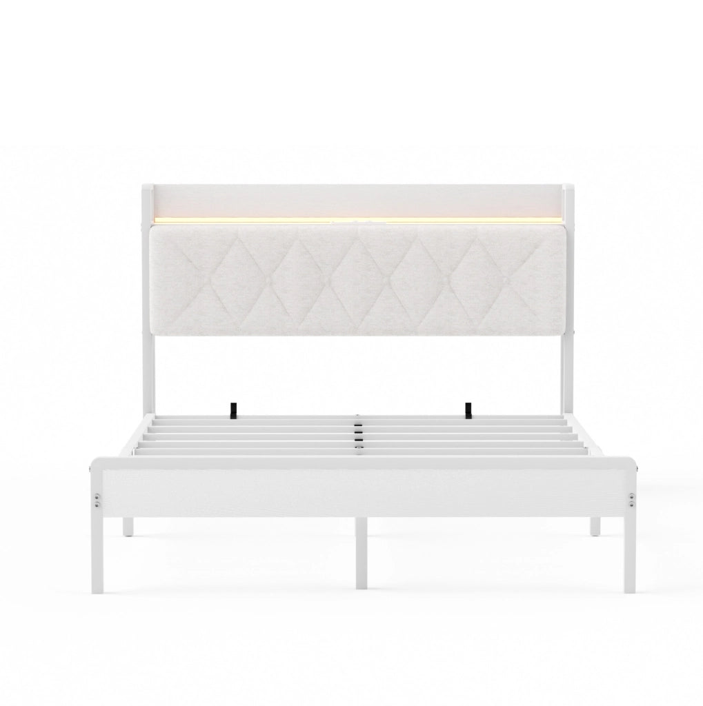 Letto imbottito 140 x 190 cm con testiera LED e porta USB; bianco