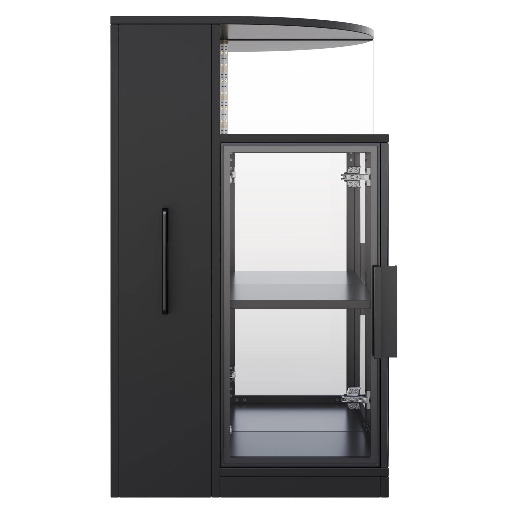 Vetrina in vetro nera con illuminazione LED e mobile laterale estraibile