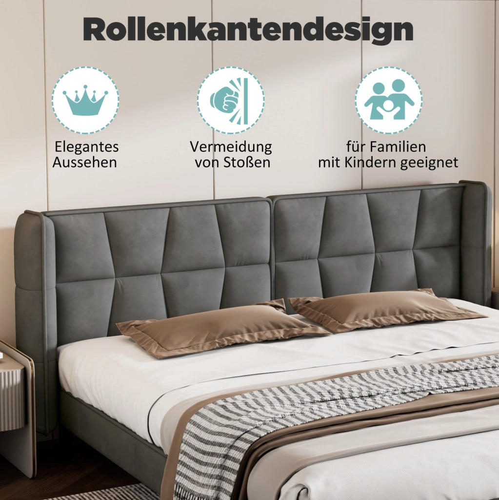 Letto imbottito matrimoniale 180x200 cm in velluto grigio con rete a doghe e testiera