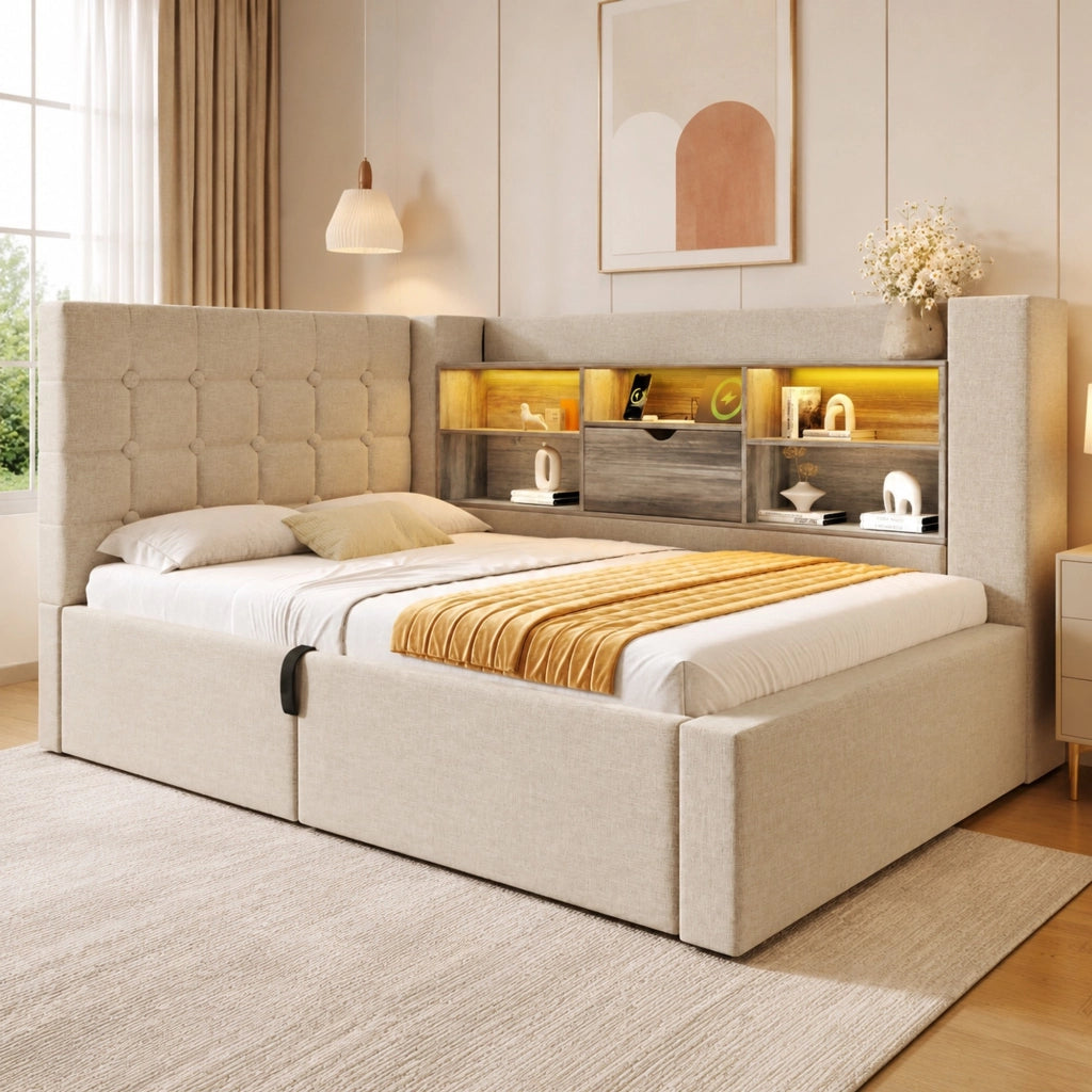 LETTO Singolo 90x200 cm in lino beige con LED, USB e contenitore