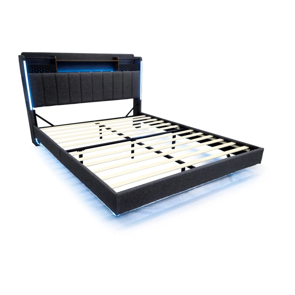 OKWISH Letto Matrimoniale 140×200 cm con USB, LED Regolabile e Contenitore, senza Materasso, in Tessuto Imbottito, Grigio