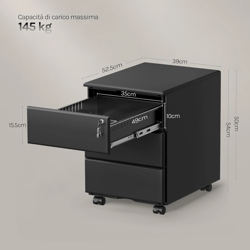 Cassettiera da Ufficio Scrivania Studio con Rotelle Mobiletto con 3 Cassetti e Serratura per Documenti Cartelle Sospese Cancelleria, Pre-Assemblato, metallo Nero SK024sz
