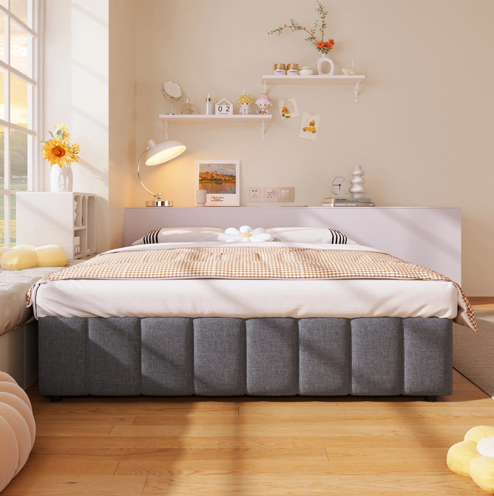 Letto imbottito 140x200 cm in lino grigio con contenitore idraulico
