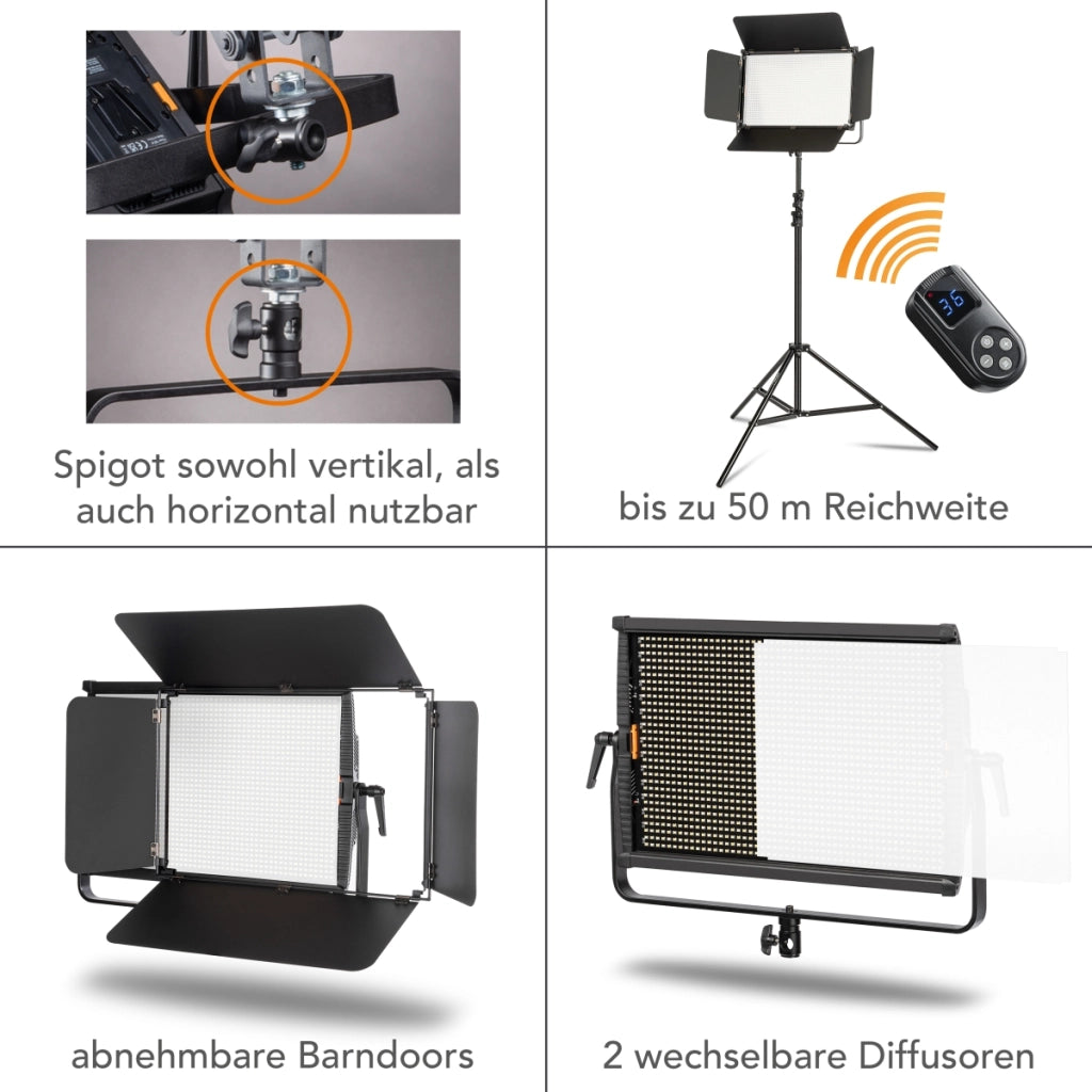 LED Niova 150-F Pro luce d'area incl. treppiede per lampada, luce d'area da 150 W con bicolore, luce da studio con luminosità dimmerabile, luce video con radiocomando