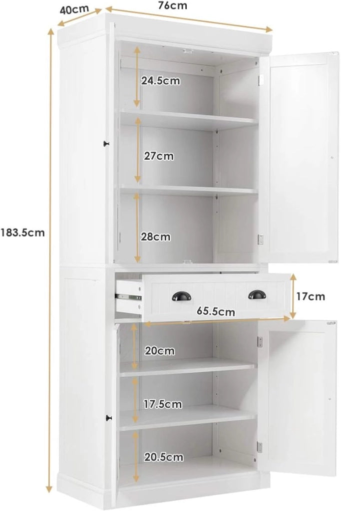 Credenza Alta da Cucina 183,5 cm, Armadio Alto a Buffet in Legno, Mobile Cucina Dispensa con Ripiani Regolabili e Cassetto, per Soggiorno, Sala da Pranzo, 76 x 40 x 183 cm (Bianco)