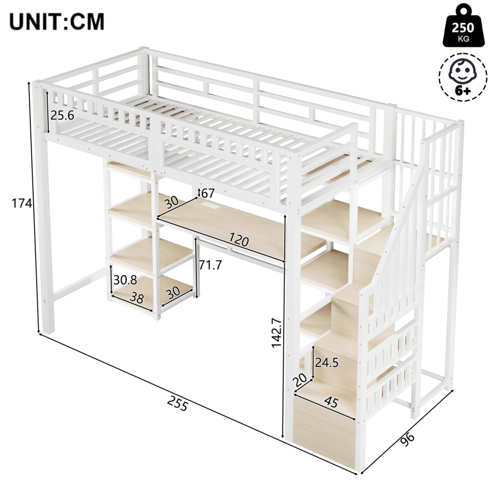 Letto a castello 90x200 cm in metallo e MDF con scrivania; ripiani; LED e USB; bianco