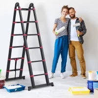 Scala Telescopica Pieghevole a 12 Gradini, in Alluminio e Nylon, 379x67.5x11 cm, Nera e Rossa