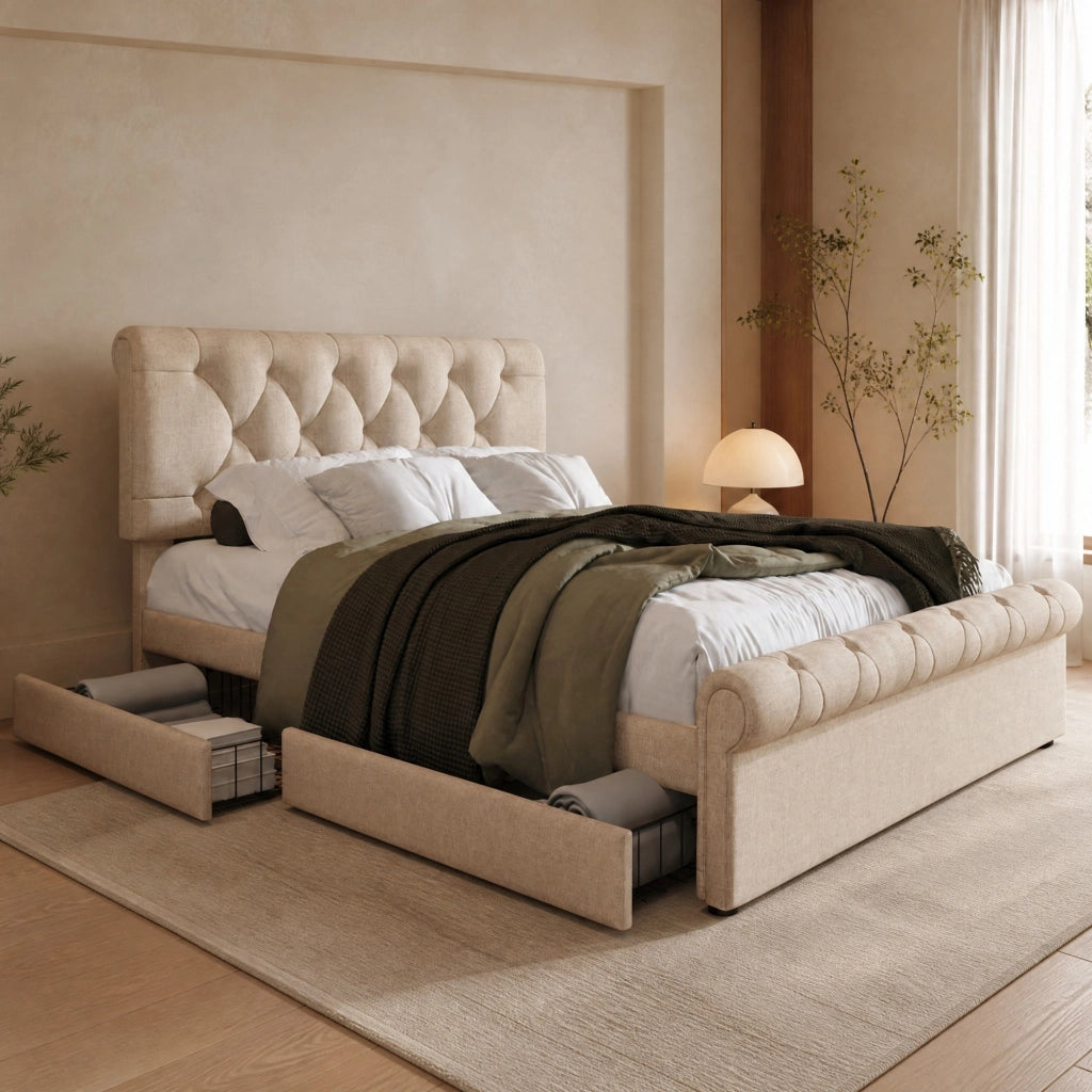 LETTO Contenitore 140x200 cm Natural con 4 cassetti e materasso incluso