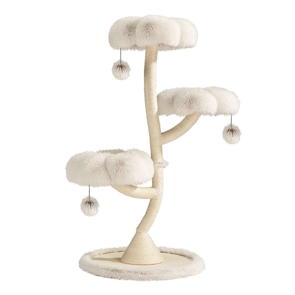 Fudajo Albero tiragraffi per gatti di design con 3 piattaforme, Ø 59 cm, altezza 125 cm, portata max. 15 kg, beige con sisal e peluche, colonna con 3 livelli