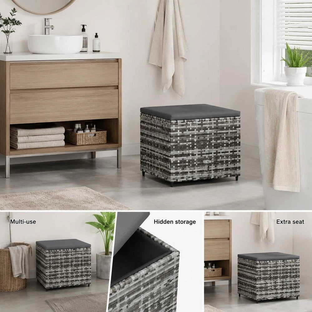 Garden Stool With Cushion, Grey Poly Rattan