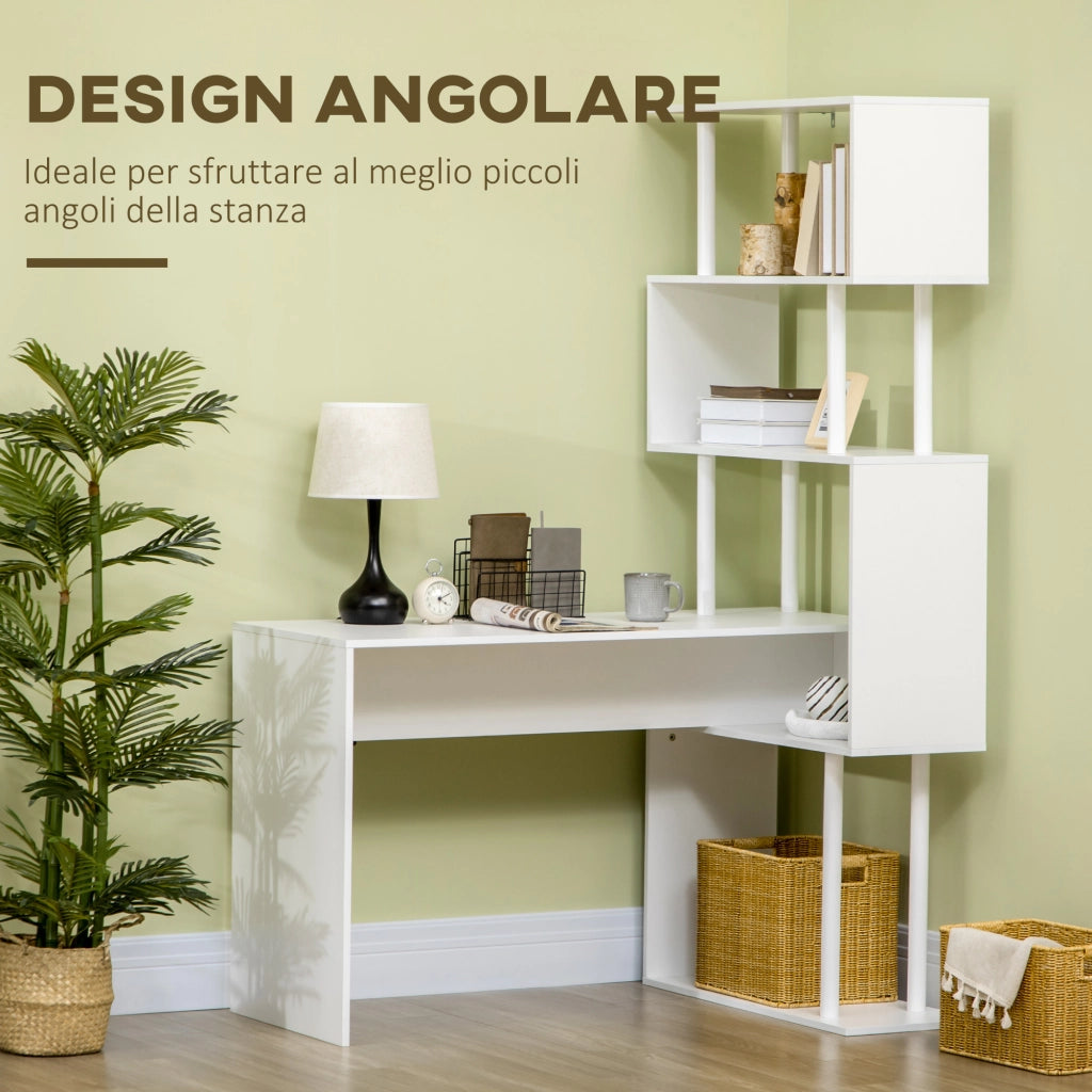 Scrivania Angolare Moderna in Truciolato per Ufficio e Studio con Ripiano a 4 Livelli, 120x80x176 cm, Bianco