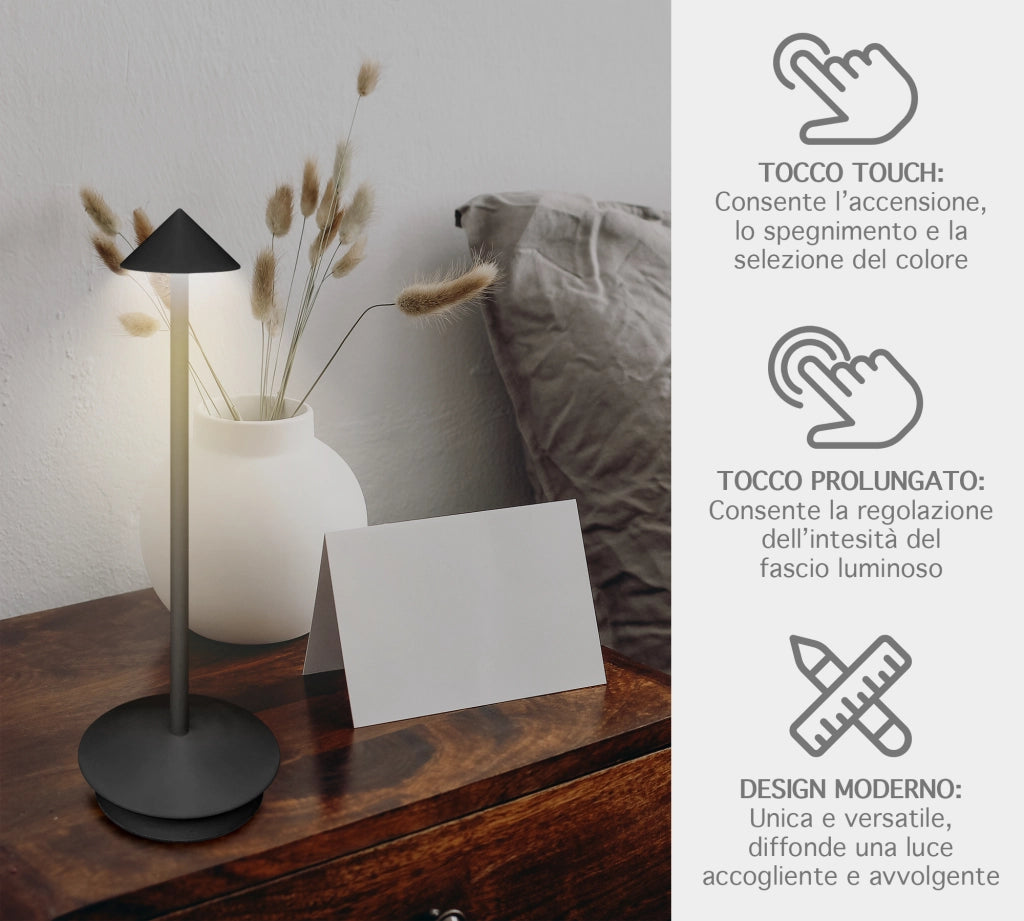 Coppia Di Lampada Da Tavolo LED Set 2 Pezzi Design Moderno Senza Fili Ricaricabile Controllo Touch Selezione Colore Intensità Dimmerabile Altezza Regolabile Con Adattatore Per Bottiglia 3000/4500/600K  2Pz-Arrow-Nero