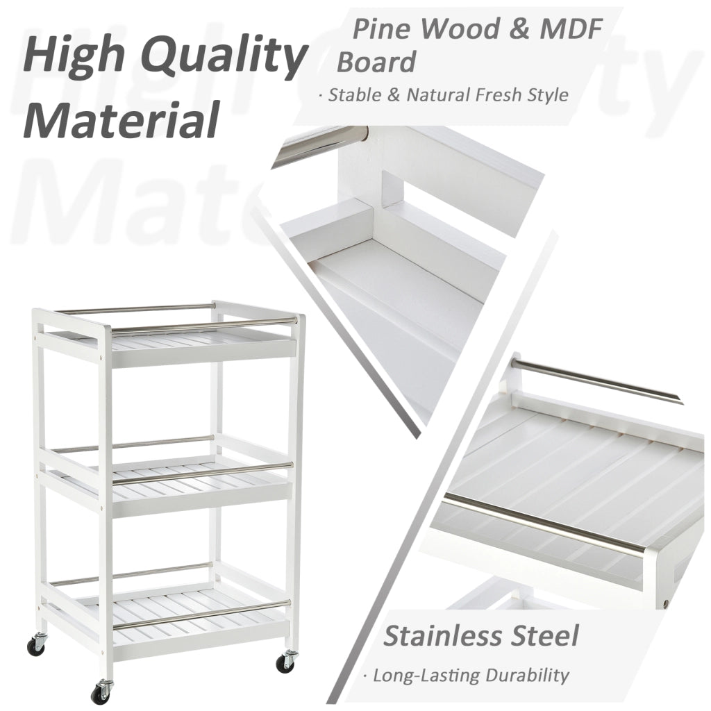 EasyComfort Carrello da Cucina Portavivande in Legno con 3 Ripiani e Ruote, 45x38x78cm, Bianco