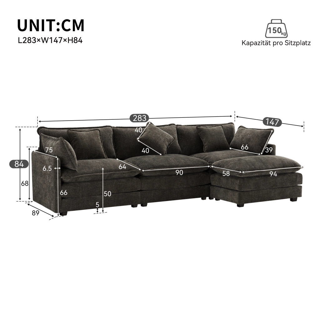 DIVANO Angolare L 283x147x84 cm in Chenille Grigio scuro con pouf mobile