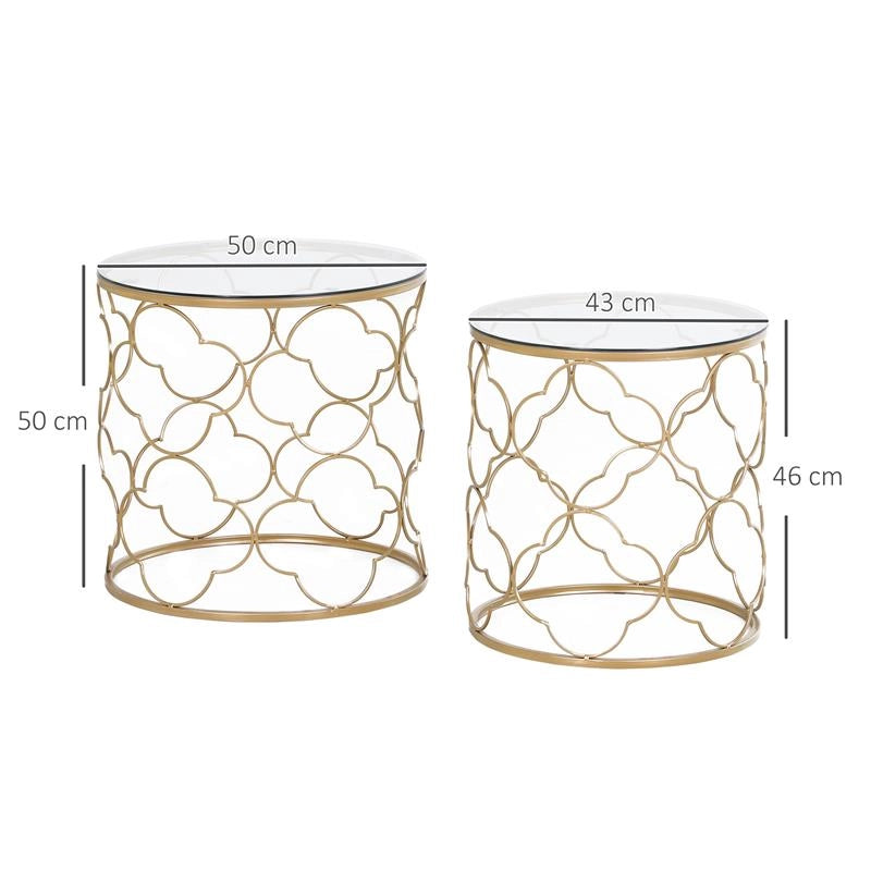 SET DI 2 TAVOLINI DA SALOTTO IMPILABILI ART DECO IN METALLO CON PIANO IN VETRO, ORO