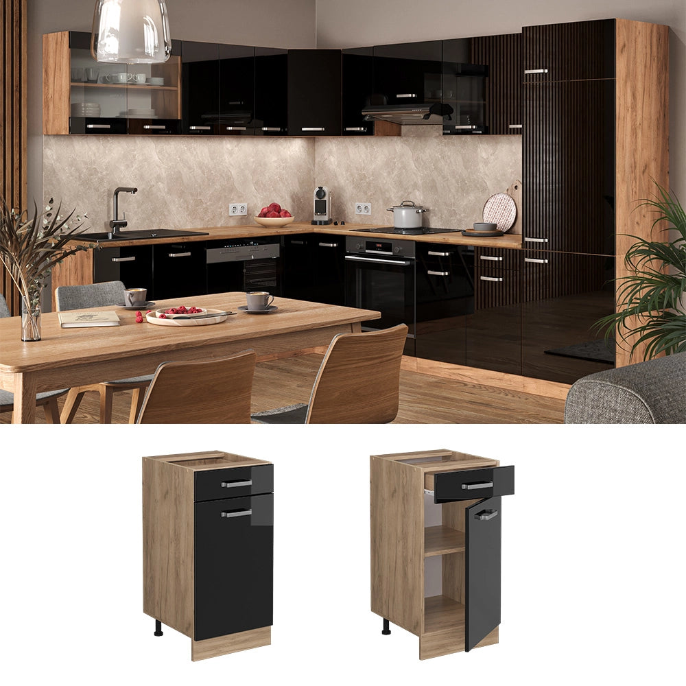 Vicco Mobiletto base per cucina Nero lucido 40 cm , PL Rovere